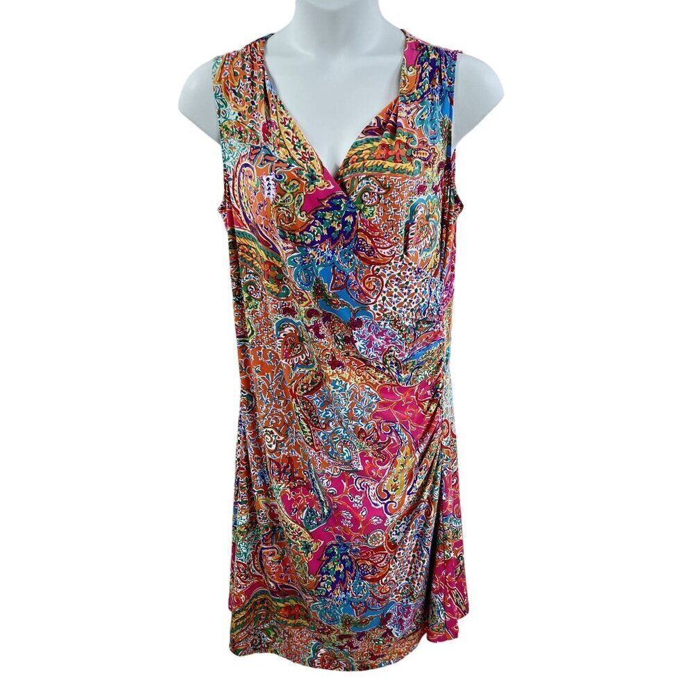 Lauren Ralph Lauren 1X Womens Ruched Side Paisley Print V-Neck Sleeveless Dress